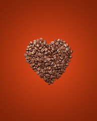 Coffee beans shaped into heart symbol. Coffee love poster.