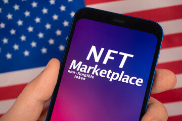 NFT marketplace in USA flag background. Non fungible token, crypto art and blockchain. Top view photo