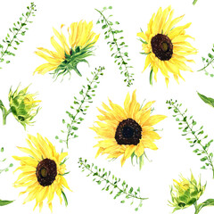 Seamless watercolor sunflowers pattern. Isolated illustration on white background. Hand drawn painting.