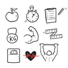 hand drawn doodle fitness and health icon illustration vector isolated © devitaayu