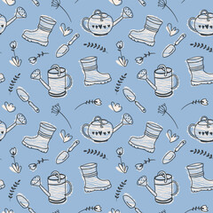 Spring seamless pattern with cute garden tools. Repeating background with watering can, shovel, rubber boots and flowers. Gardening concept. Hand drawn vector illustration