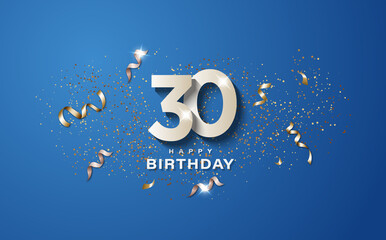 30th birthday with white numbers on a blue background. Happy birthday banner concept event decoration. Illustration stock