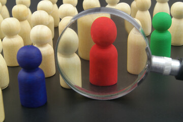 Check, test and identifying concept. Many figures of people as crowd of people and magnifying glass...
