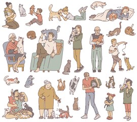 People with cats. Characters hug and take care of their favorite pets. Outline doodle isolated vector illustrations.