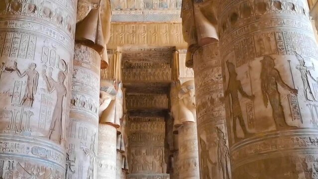 Beautiful interior of the Temple of Dendera or the Temple of Hathor. Egypt