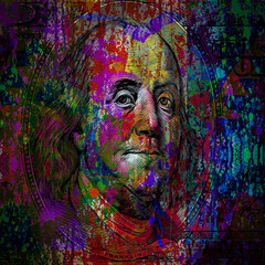 dollarbanknote mit kreativen bunten abstrakten elementen auf dunklem hintergrund © reznik_val