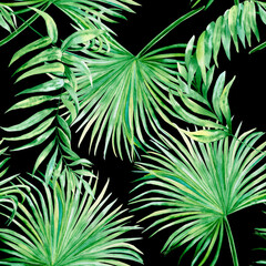 Naklejka na ściany i meble Watercolor seamless pattern with tropical green leaves. Hand drawn jungle palm foliage isolated on black background. Exotic backdrop. Summer fabric. Wrapping paper. Wallpaper design.