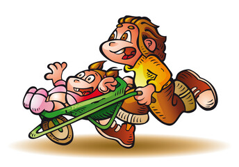  Boy pushing wheelbarrow with his little sister