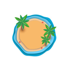 Vector image of a tropical island in the ocean. A sea beach with three palm trees and sea stars. An illustration with a copy space.