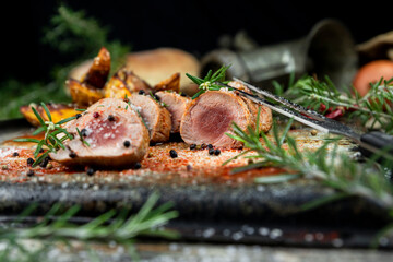 Pork tenderloin chops served with potatoes and rosemary