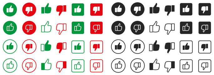 Set of thumbs up and thumbs down icons. Like and dislike, yes or no. Do and don't, good and bad. Vector icons, choice.