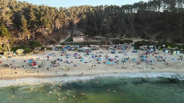 Aerial pan right of people relaxing in the sand near sea shore surrounded by pine forest in El Canelillo beach, Chile