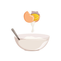 Fresh egg and bowl with flour and spoon.