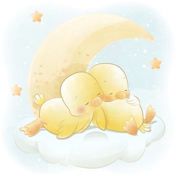 Cute baby duck sleeping on the moon and cloud surrounded