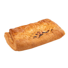 Isolated fresh baked fruit strudel with filling on white background