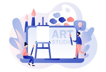 Fototapeta na wymiar Artist. Art school or studio online. Tiny people artists with canvas on easel on laptop screen, pallete and brushes. Art workshop. Create picture. Modern flat cartoon style. Vector illustration 