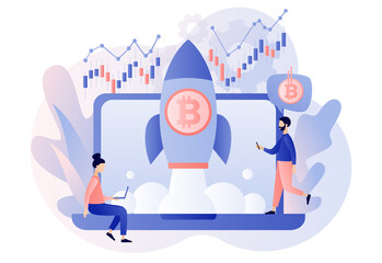 Fototapeta na wymiar Bitcoin price skyrocket. Spaceship flying upwards. Bull market concept. Rate growth. Tiny people cryptocurrency investors online. Modern flat cartoon style. Vector illustration on white background