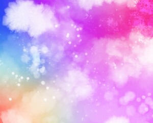 Fancy multicolored flowing rainbow gradient abstraction with white paint spots and watercolor streaks in the form of clouds, textured cosmic background with a predominance of fuchsia and pink