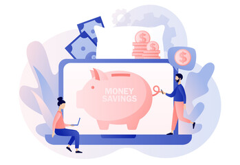 Money pillow online. Personal finance, money savings, emergency support fund, personal capital, insurance. Tiny people growth financial. Piggy bank. Modern flat cartoon style. Vector illustration 