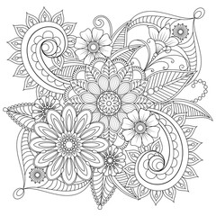 Vector drawing for coloring book. Geometric floral pattern. Contour drawing on a white background