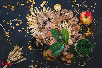 Badnjak or Yule log Serbian Christmas Tree and   traditional food on Orthodox Christmas Eve. Top view, blank space