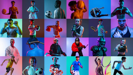 Fototapeta na wymiar Collage. Portraits of professional athletes of different sports posing, training isolated over multicolored background in neon lights