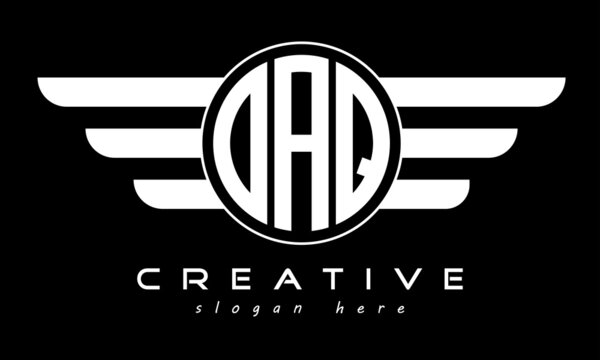 OAQ three letter monogram type circle letter logo with wings vector template.