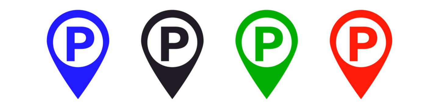 Parking lot location. Map pins for parking lot signs. Vectors.