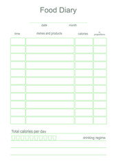 Diary, meal planner for A4 printing. Notepad, separate organizer sheet for daily healthy eating schedule and calorie counting. A template for planning meals and food meals.