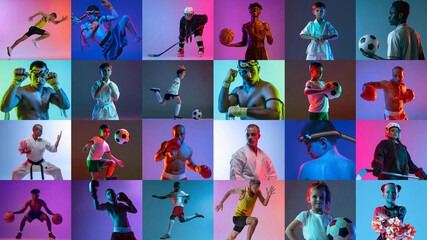 Fototapeta na wymiar Collage. People, atheletes of different age doing sports isolated over mulricolored background in neon