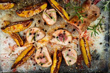 Pork tenderloin chops served with potatoes and rosemary