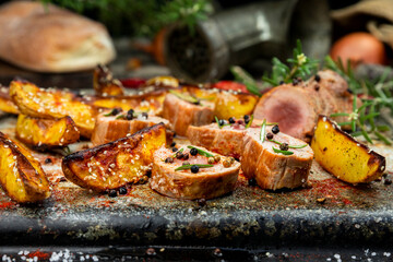 Pork tenderloin chops served with potatoes and rosemary