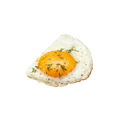Chicken fried egg sprinkled with herbs isolated on white. Scrambled eggs close-up.