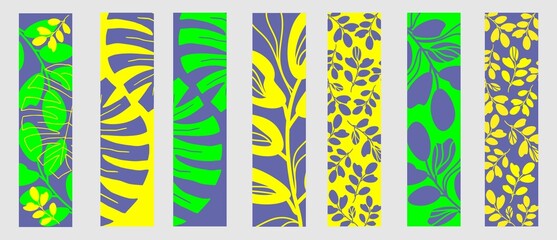 Ensemble de signets vectoriels ou bannière. Feuilles abstraites, branches et plantes tropicales. Design aux couleurs tendances 2022 par Pantone Very Peri. Peut être utilisé comme arrière-plan, affiche, couverture.