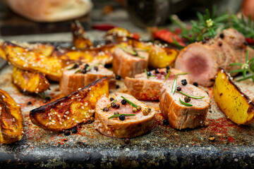 Pork tenderloin chops served with potatoes and rosemary