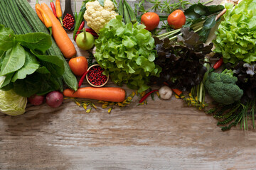 Fresh farmers market fruit and vegetable from above with copy space on the table, healthy food concept