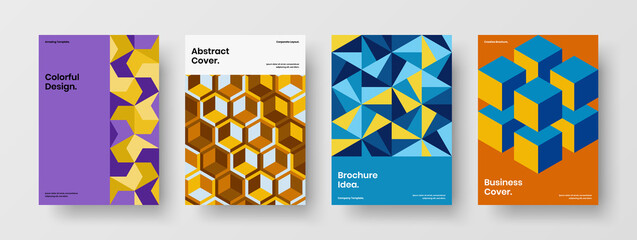 Fototapeta premium Vivid leaflet A4 vector design concept collection. Modern mosaic hexagons journal cover template set.