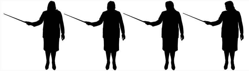 Teacher, mentor, coach, presentation, demonstration, explanation, clarification, performance. A woman with a pointer in her hands. Front view. Female black silhouettes isolated on white background.	