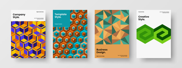Fototapeta premium Premium geometric hexagons poster template bundle. Bright book cover A4 design vector concept collection.