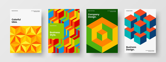 Naklejka premium Multicolored geometric shapes corporate brochure concept collection. Vivid annual report A4 vector design illustration set.