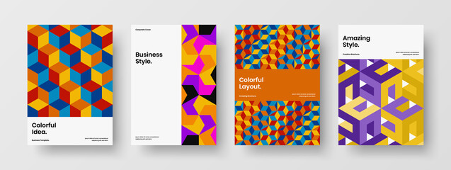 Fresh geometric shapes brochure concept collection. Colorful journal cover A4 vector design illustration composition.