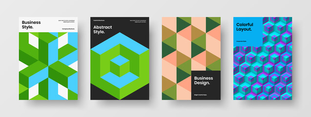 Fototapeta premium Vivid magazine cover design vector layout collection. Simple geometric tiles handbill illustration composition.