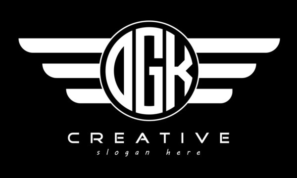 OGK three letter monogram type circle letter logo with wings vector template.