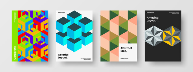 Bright geometric pattern company brochure template composition. Modern corporate identity A4 vector design layout bundle.