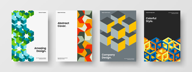 Fototapeta premium Trendy pamphlet design vector layout set. Colorful geometric hexagons handbill illustration collection.