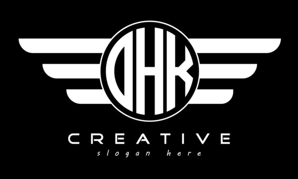 OHK three letter monogram type circle letter logo with wings vector template.