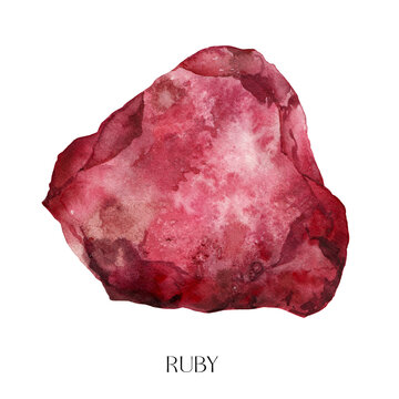 Watercolor abstract ruby stone. Hand painted jewel stone isolated on white background. Minimalistic illustration for design, print, fabric or background.