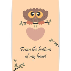 Little Cute Bird Owl with big eyes sitting on the branch and holding a big heart in his beak Valentines day greeting card