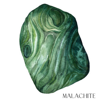 Watercolor abstract dark malachite stone. Hand painted jewel stone isolated on white background. Minimalistic illustration for design, print, fabric or background.