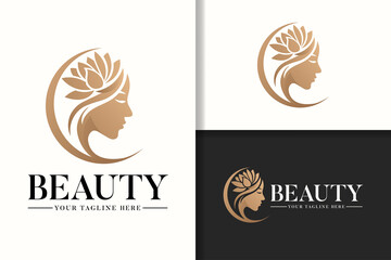 Feminine gold logo female silhouette with lotus flower